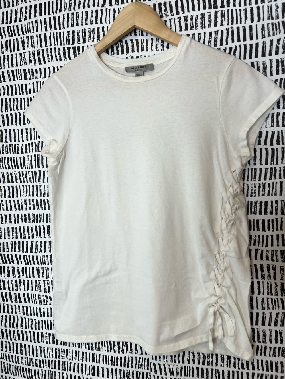 AllSaints White Ruched Side Tie Tee Minimalist Crew Neck Short Sleeve Cotton Top - Picture 11 of 15